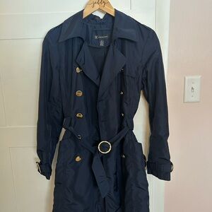 INC International Concepts Navy Blue Trench Coat with Gold Buttons